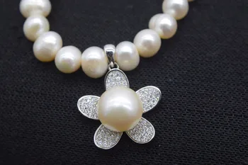 Wow! sladkovodné perly biele blízkosti kolo 9-10mm a kvetina náhrdelník prívesok 18