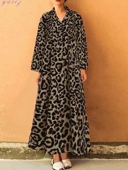 2019 Ženy Sexy Leopard Tlač Dlho Maxi Šaty Bežné Klope Voľné Volánikmi Dresss Plus Veľkosť Dámy Elegantné Vestidos
