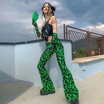 Goocheer zelený oheň tlač obličkového nohavice vysoký pás bell spodnej 2019 lete sexy ženy, streetwear oblečenie ženské nohavice