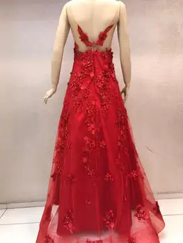 Kadın Dekolte Kırmızı Gece Güpürlü Dantelli El Işlemeli Sahne Düğün Nişan Elbisesi
