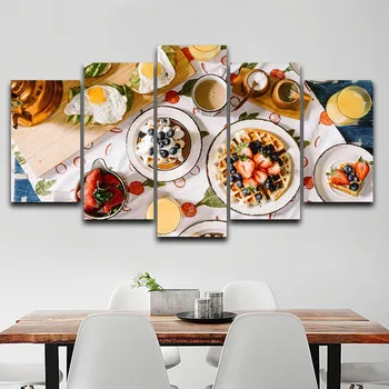 Moderný 5 Panel Chutné Raňajky Omeletu Oblátky Jahody, Čučoriedky Šťavy Plátno Na Maľovanie Plagátu Tlač Domova Bez Rámu