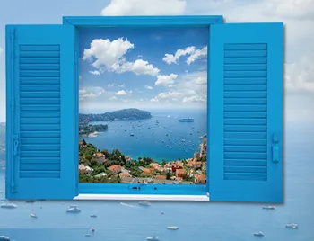 3D Stredomoria Modrá Scenérie, Falošné Okno PVC Samolepky na Stenu
