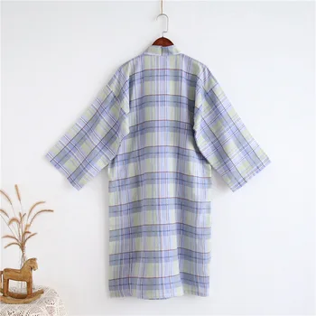 Letné Nové Bavlna Pár Kimono Noc Šaty Plus Veľkosť Womens Rúcha Sleepwear Tri Štvrtiny Noc Kockovaný Župan Župane