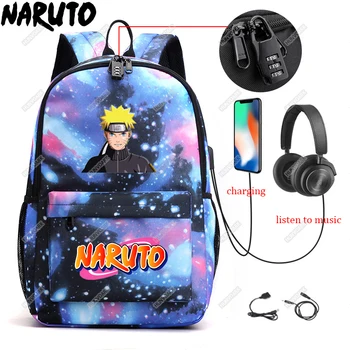 Naruto Batohy On-ti Zámok Školské tašky Chlapci Dievčatá USB Nabíjanie Sac Dos Daypack Muž Nepremokavé Nabíjanie Notebooku Batoh