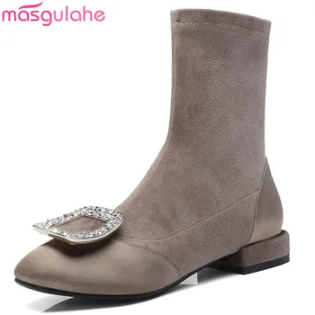 Masgulahe black módne členkové topánky štvorcové prst drahokamu nízke podpätky, topánky bežné semiš kožené topánky dámy prom topánky