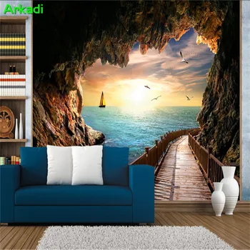 Vlastné Foto Tapety Krásne Sea Rock Jaskyne Sky Morskou Vodou Krajiny 3D Obývacia Izba Jedáleň Moderné, Kreatívne Steny