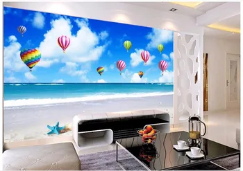 High-end vlastné foto tapety 3d maľby Stredomoria nástenná maľba Pláži modrá obloha, biele oblaky teplovzdušný balón pozadí steny dekor