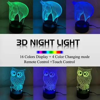 3D Zvierat Nočné Svetlo 3D Ilúziu Lampa 7 Zmena Farby Dekor Lampa s Diaľkovým ovládaním Najlepší Darček pre Chlapcov, Dievčatá