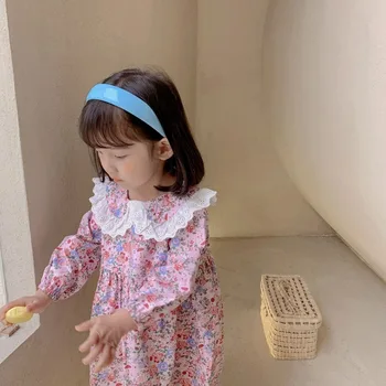 Dievčatá na Jar 2021 kórejský Kvetinová Čipka Šaty Bavlna Dressesfor Dieťa Dievča Sladké Dlhým rukávom Šaty Deti Deti Aline Oblečenie