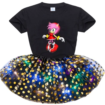 Dievčenské Šaty Letné Roztomilý Kreslený Princezná Narodeninovej Party Oka Šaty Vlastné Krátke sleeve T-shirt + Sequined Svetelný Sukne Oblek