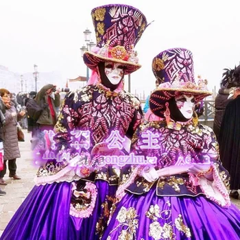Fialová Benátskych obchodníkov kroji nočný klub bar business halloween cosplay národnej karneval tlač šaty, klobúk maska