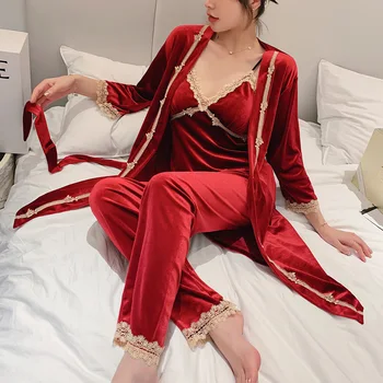 Pyžamo Ženy Jeseň Zima Nové Zlaté Velvet Podväzkové Nightgown Tri-Kus Sexy Nightdress Long Sleeve Domov Služba Oblek