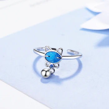 Jednoduché Roztomilý Modrá Mačka Perličiek Strapec Nastaviteľný Krúžok Pre Ženy, Dievča, 925 Sterling Silver Ring Anillos Bague Mujer