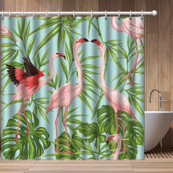 Flamingo Sprchový Záves Nepremokavé Polyesterové Zelená Rastlina Textílie Vaňa Záves Pre Kúpeľňa S 12 Háčiky Plastové Háčiky