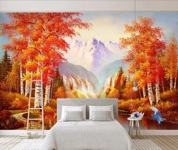 Zlatý jeseň breza lesa diaľkové horské scenérie olejomaľba obývacia izba televízie gauč pozadí na stenu