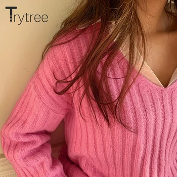 Trytree 2020 Jeseň Zima Žena Bežné Sveter Elastické tvaru Pevné Pletenie Voľné Dlhý Sveter Drop-shoulde Rukávy Ženy Topy
