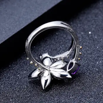 GEM BALET 0.19 Ct Prírodné Ametyst Drahokam Prstene pre Ženy Šperky 925 Sterling Silver Ručné Kvety Nastaviteľné Otvoriť Krúžok