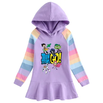 2021 Jar Cezhraničné Cartoon Rainbow Dievčatá Šaty Dievča S Dlhým Rukávom S Kapucňou Sveter Princezná Šaty Na Teen Titans Choď Oblečenie