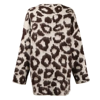 Vintage Jeseň Zima Ženy Módneho tvaru Dlhé rukávy Leopard Tlač Voľné Zrastov Cardigan Bunda Hrubý Kabát Oblečenie 2020 Nové