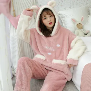 Pyžamá Pre Dospievajúce Dievčatá Roztomilý Sleepwear Cartoon Bunny Hooded Flannel Pyžamá 2 Ks Sada Zimných Hrubé Teplé Oblečenie Pre Voľný Čas Pijamas Ženy