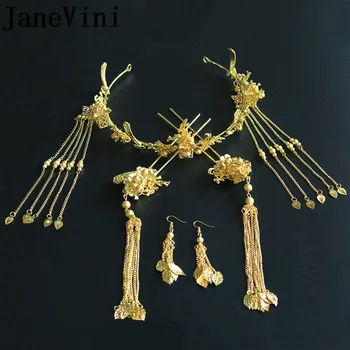 JaneVini Tradičné Gold Leaf Vlasy Svadobné Doplnky, Svadobné Kovový Hlavový Most Čínske Vlasy Kolíky Palice Strapec Tiaras Náušnice