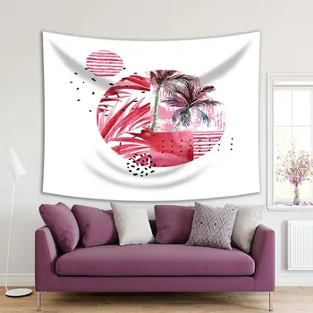 Gobelín Tropické Palmy Listy Mora a Geometrické Tvary Kvetinový Akvarel umelecké Diela Red White