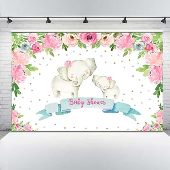 Kvetinový Slon Baby Sprcha Pozadie Fotografie Novorodencov Dievča Narodeniny Pozadí Ružové Kvety Ruže Farebné Bodky Baby Sprcha