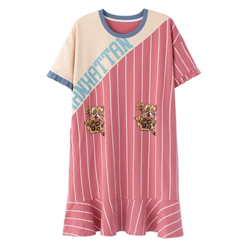 2020 Lete Bavlna Sleepwear Noc Šaty Žien Nightgown Tiger Pruhované Tlač Midi Sleepshirts Krátke Rukávy Contras Nočné šaty