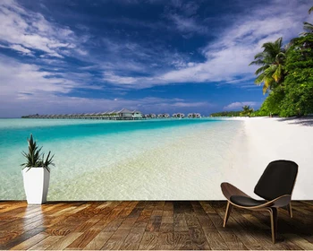 Abstraktných de parede Krásne more, výhľad na pláž a chaty resort v Maldivách, prírodnej krajiny 3d tapeta,obývacia izba, spálňa nástenná maľba