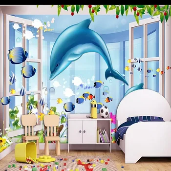 Vlastné veľké nástenné 3D tapeta Underwater world dolphin falošné okno stereo spálňa nástenná maľba TV zadnej stene dekor hlboké 5D reliéfne