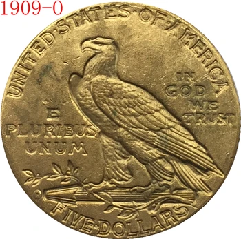 24 K zlatom 1909-O $5 GOLD Indickej Polovica Eagle Mincí Kópia