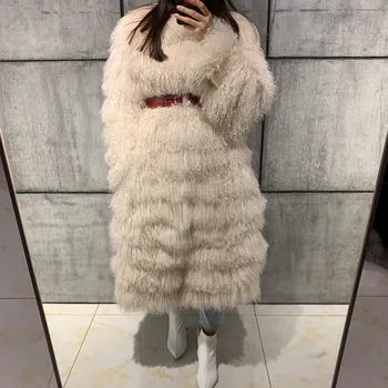 Prírodné lady ženám skutočné bunda mongolsko ovčie kožušiny kabát