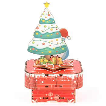 3D DIY Drevené Vianočné Rotujúce Music Box Hudobná Puzzle Box Model Budovy Auta Vianočný Darček - Snehuliak/Santa
