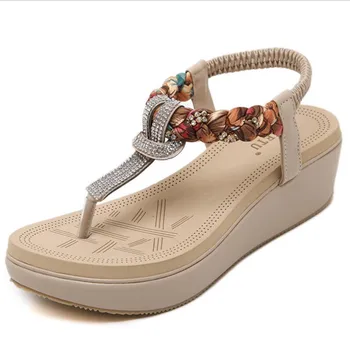 Nové dámske topánky pláži prímorské voľný čas a pohodlné klin s drahokamu veľké veľkosti tkané sandále sandál platforma