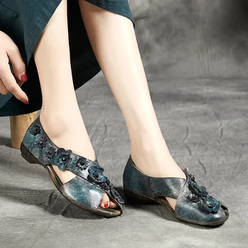 Ženy Retro Kvet Sandále dámske nízke podpätky Pohodlné Ručné Outdoorové Sandále Dámske Ležérne Mama Ryby Úst Ploché Päty Topánky