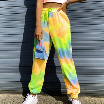 Neon tie-dye Joggers Vysoký Pás Dlhé Neforemné Nohavice Ženy Tepláky Voľné Nohavice 2020 Lete šnurovacie Nohavice Streetwear Oblečenie Up