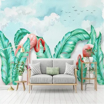 Milofi vlastné veľké tapety nástenná maľba 3D minimalistický ručne maľované tropické listy flamingo tapetu pozadia nástenná maľba