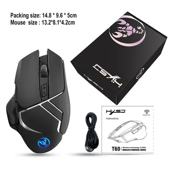 T60 Hernej Myši Nabíjateľná 2.4 G Wireless Mouse 2400DPI Nastaviteľné Ergonomické 6 Tlačidlá LED Podsvietený Hráč Myš Pre Notebook PC