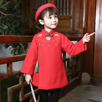 Zimné Dievčatá Čínsky Národný Štýl Teplé Cheongsam Šaty Výšivky Dievča Retro Šaty Tradičné Nový Rok, Plus Zamatové Šaty