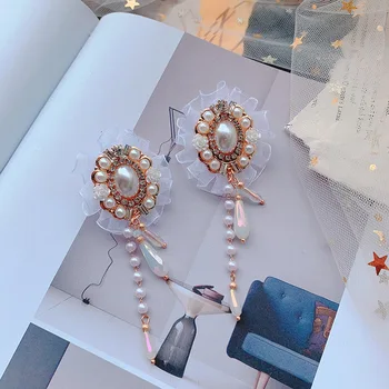 Vintage Barokový Imitácia Pearl Flower Vyhlásenie Veľké Visieť Náušnice, Módne Geometrické Čipky Dlhé Náušnice Kvapka Pre Ženy bijoux