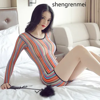 Shengrenmei 2019 Sexy Spodná Bielizeň, Farebné Sieťovina Kostýmy Košieľky & Košieľky Exotické Oblečenie Žien Pruhované Šaty Sleepwear